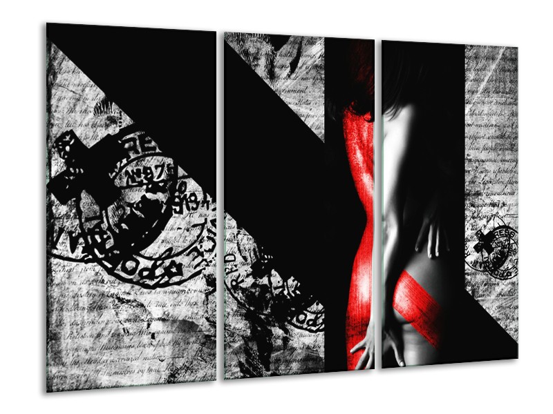 Canvas Schilderij Vrouw, Kunst | Rood, Zwart, Grijs | 120x80cm 3Luik