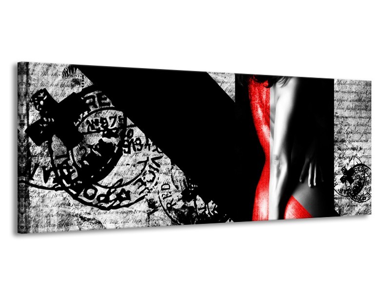 Canvas Schilderij Vrouw, Kunst | Rood, Zwart, Grijs | 145x58cm 1Luik