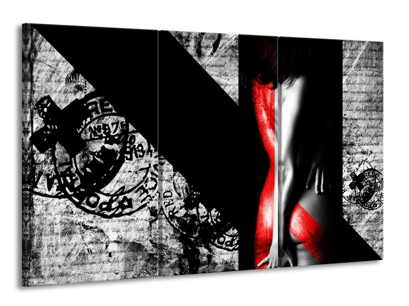 Canvas Schilderij Vrouw, Kunst | Rood, Zwart, Grijs | 165x100cm 3Luik