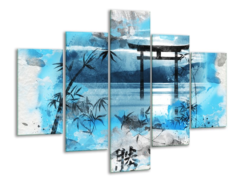 Glasschilderij Chinese Poort | Blauw, Grijs, Zwart | 100x70cm 5Luik