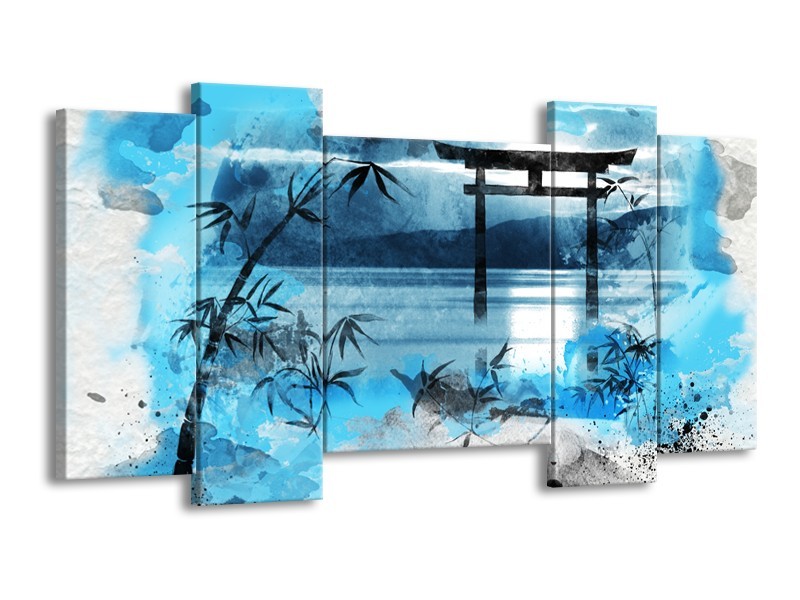 Glasschilderij Chinese Poort | Blauw, Grijs, Zwart | 120x65cm 5Luik