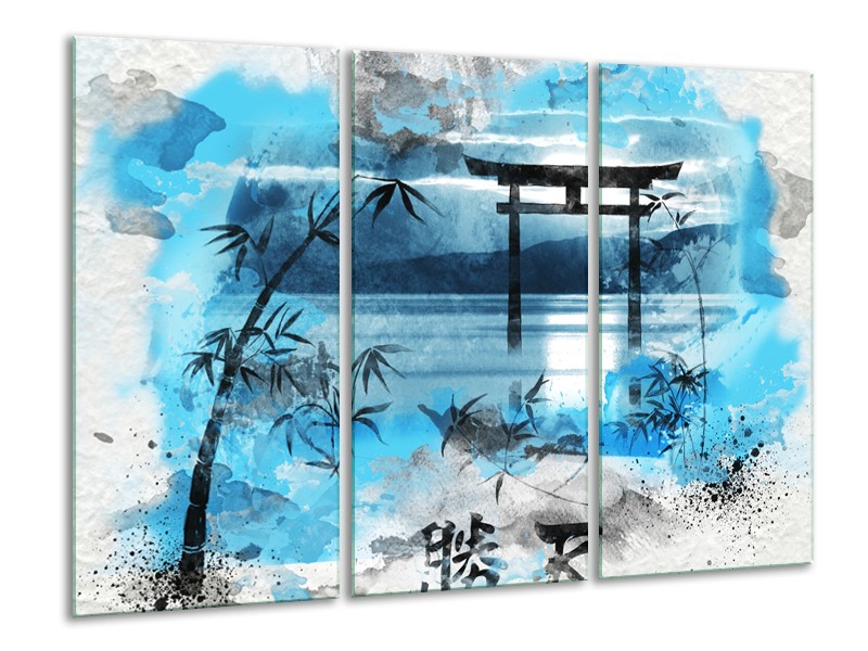 Canvas Schilderij Chinese Poort | Blauw, Grijs, Zwart | 120x80cm 3Luik