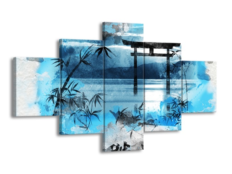 Glasschilderij Chinese Poort | Blauw, Grijs, Zwart | 125x70cm 5Luik