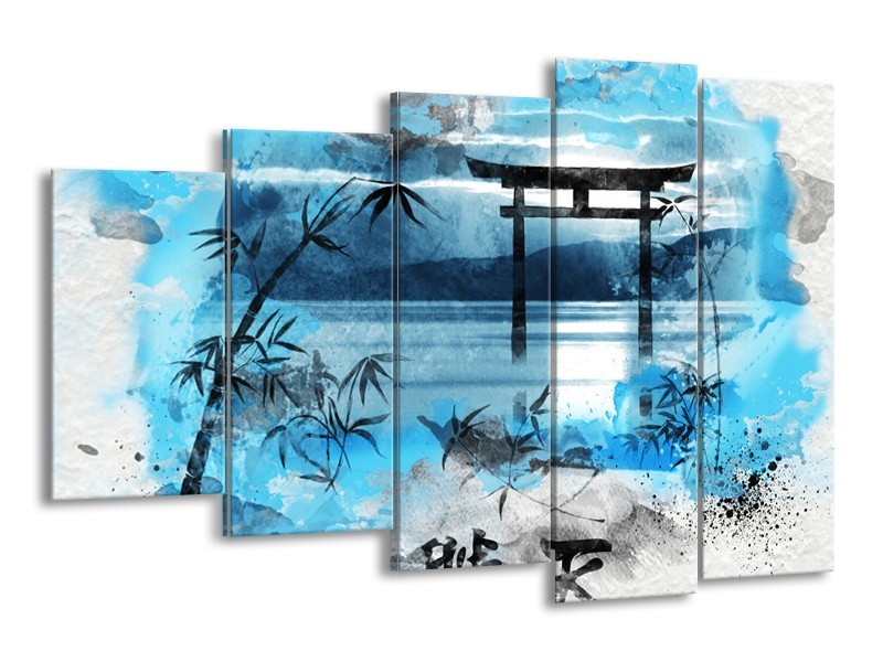 Canvas Schilderij Chinese Poort | Blauw, Grijs, Zwart | 150x100cm 5Luik