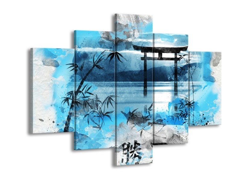 Canvas Schilderij Chinese Poort | Blauw, Grijs, Zwart | 150x105cm 5Luik