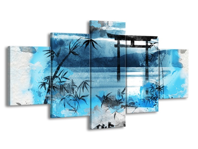Canvas Schilderij Chinese Poort | Blauw, Grijs, Zwart | 150x80cm 5Luik