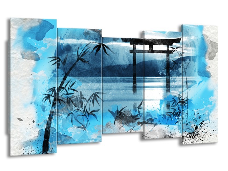 Glasschilderij Chinese Poort | Blauw, Grijs, Zwart | 150x80cm 5Luik