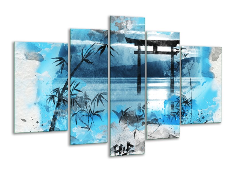 Canvas Schilderij Chinese Poort | Blauw, Grijs, Zwart | 170x100cm 5Luik