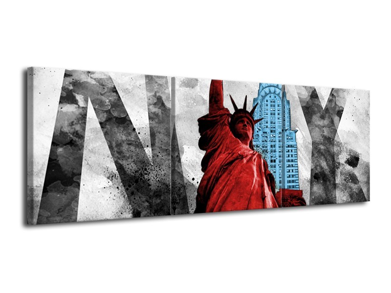 Glasschilderij New York, Vrijheidsbeeld | Rood, Grijs, Blauw | 120x40cm 3Luik