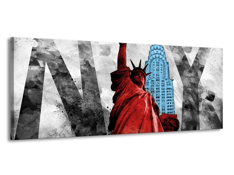 Canvas Schilderij New York, Vrijheidsbeeld | Rood, Grijs, Blauw | 145x58cm 1Luik