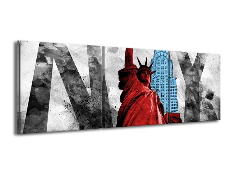 Canvas Schilderij New York, Vrijheidsbeeld | Rood, Grijs, Blauw | 150x50cm 3Luik