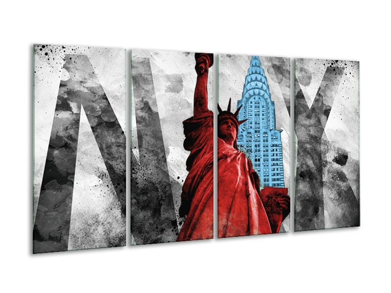 Glasschilderij New York, Vrijheidsbeeld | Rood, Grijs, Blauw | 160x80cm 4Luik