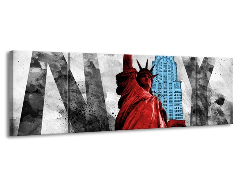 Glasschilderij New York, Vrijheidsbeeld | Rood, Grijs, Blauw | 170x50cm 3Luik