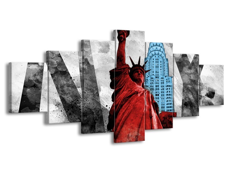 Canvas Schilderij New York, Vrijheidsbeeld | Rood, Grijs, Blauw | 210x100cm 7Luik