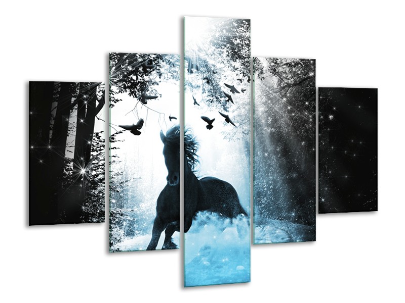 Canvas Schilderij Paard, Dieren | Blauw, Zwart, Wit | 100x70cm 5Luik