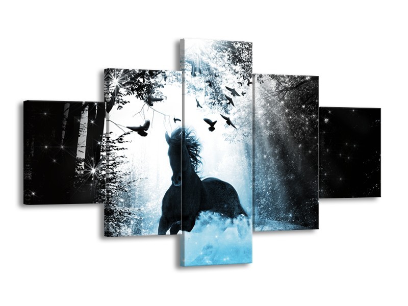 Canvas Schilderij Paard, Dieren | Blauw, Zwart, Wit | 125x70cm 5Luik