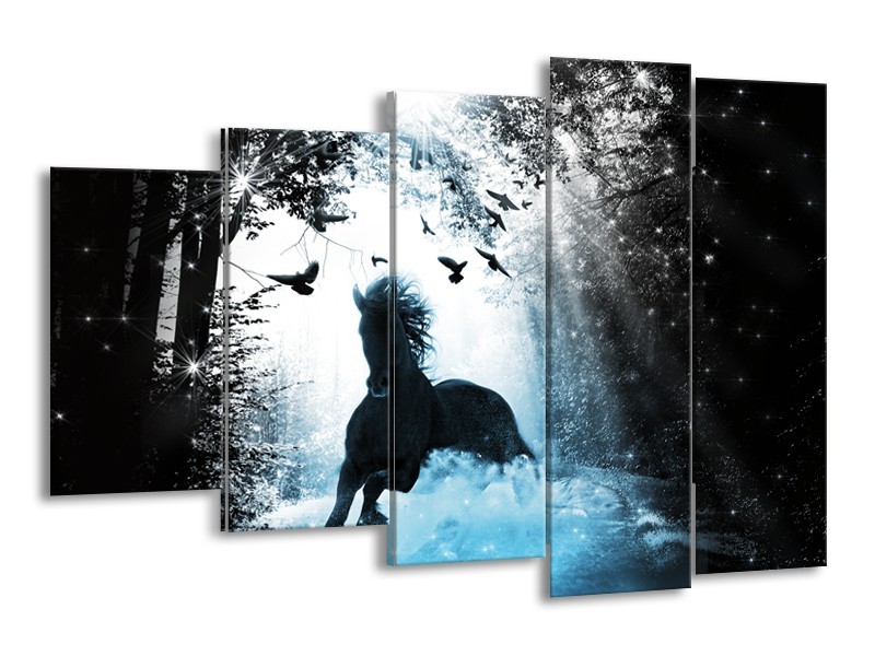 Canvas Schilderij Paard, Dieren | Blauw, Zwart, Wit | 150x100cm 5Luik