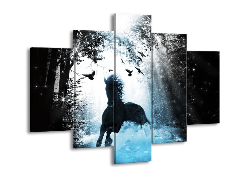 Canvas Schilderij Paard, Dieren | Blauw, Zwart, Wit | 150x105cm 5Luik