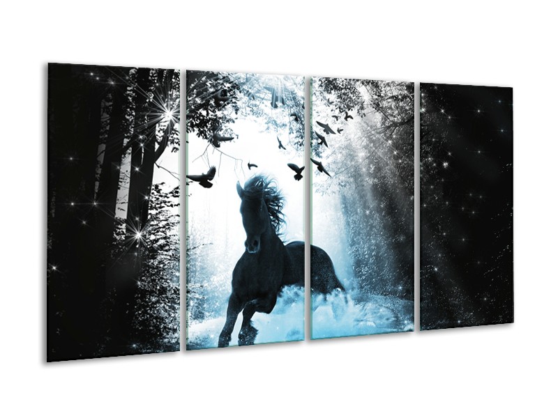 Canvas Schilderij Paard, Dieren | Blauw, Zwart, Wit | 160x80cm 4Luik