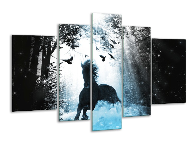 Canvas Schilderij Paard, Dieren | Blauw, Zwart, Wit | 170x100cm 5Luik