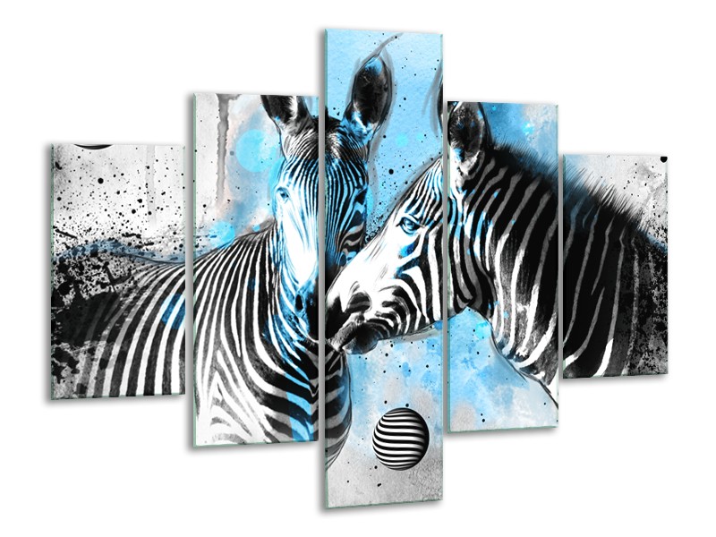 Canvas Schilderij Zebra, Dieren | Blauw, Zwart, Wit | 100x70cm 5Luik