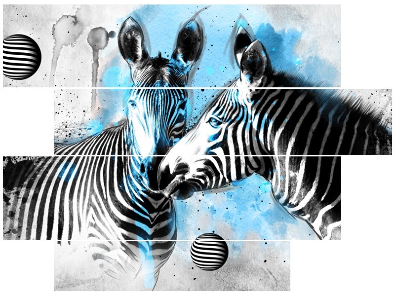 Canvas Schilderij Zebra, Dieren | Blauw, Zwart, Wit | 115x85cm 4Luik