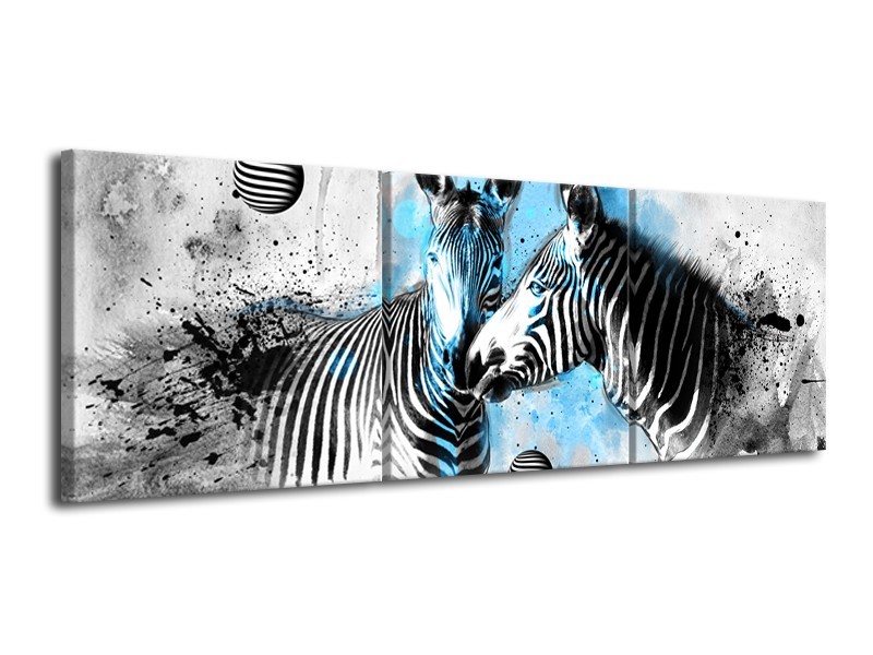 Canvas Schilderij Zebra, Dieren | Blauw, Zwart, Wit | 120x40cm 3Luik
