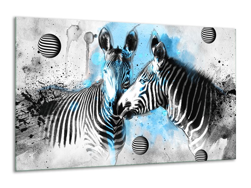 Glasschilderij Zebra, Dieren | Blauw, Zwart, Wit | 120x70cm 1Luik