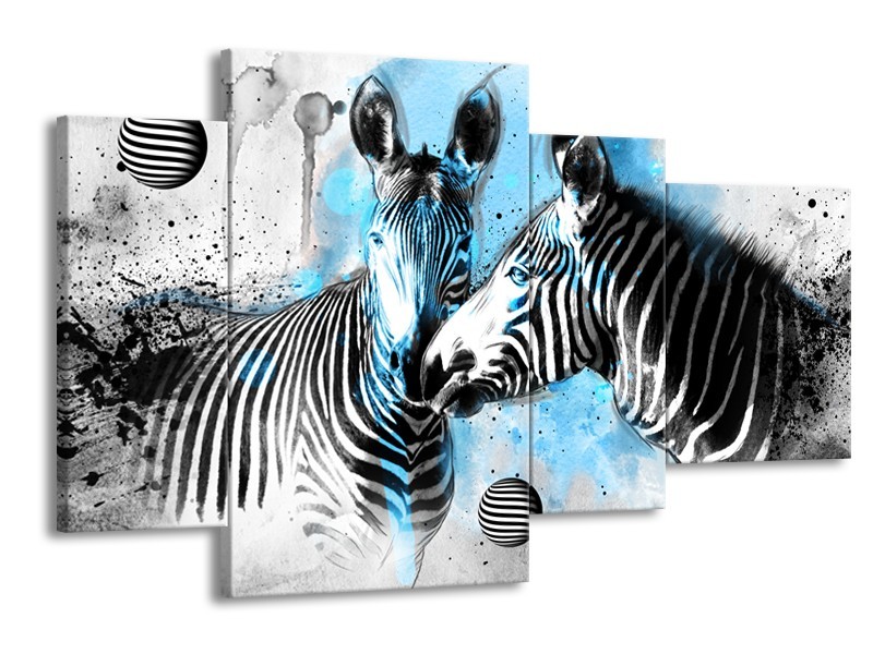 Glasschilderij Zebra, Dieren | Blauw, Zwart, Wit | 120x75cm 4Luik