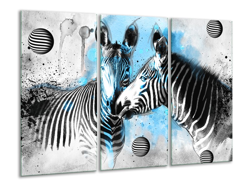 Canvas Schilderij Zebra, Dieren | Blauw, Zwart, Wit | 120x80cm 3Luik