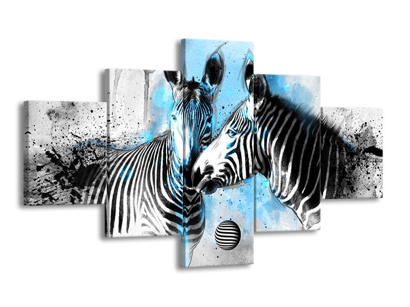 Canvas Schilderij Zebra, Dieren | Blauw, Zwart, Wit | 125x70cm 5Luik