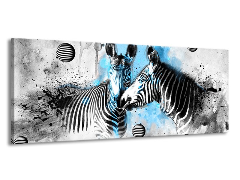 Canvas Schilderij Zebra, Dieren | Blauw, Zwart, Wit | 145x58cm 1Luik