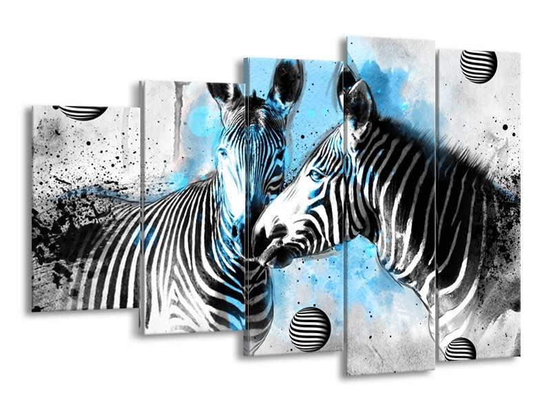 Canvas Schilderij Zebra, Dieren | Blauw, Zwart, Wit | 150x100cm 5Luik