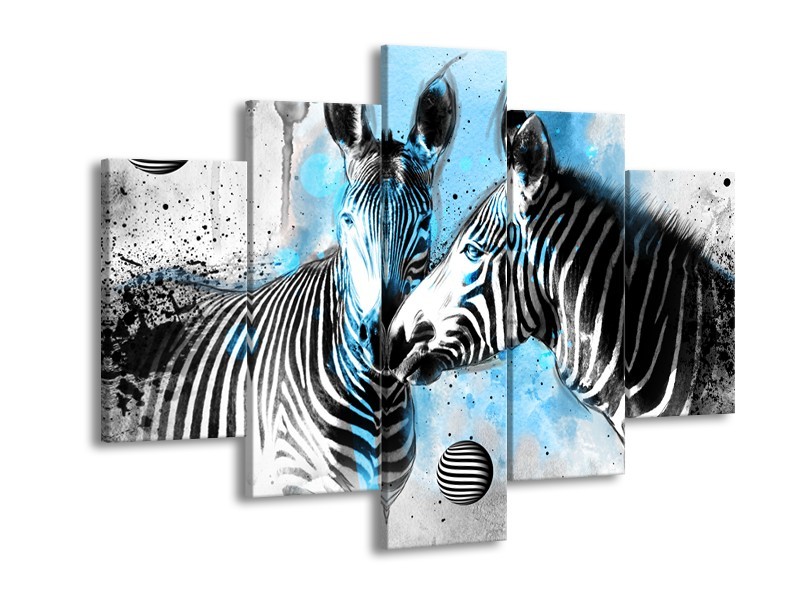 Canvas Schilderij Zebra, Dieren | Blauw, Zwart, Wit | 150x105cm 5Luik