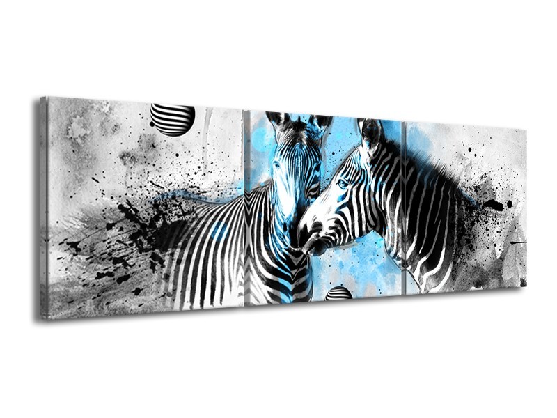 Canvas Schilderij Zebra, Dieren | Blauw, Zwart, Wit | 150x50cm 3Luik