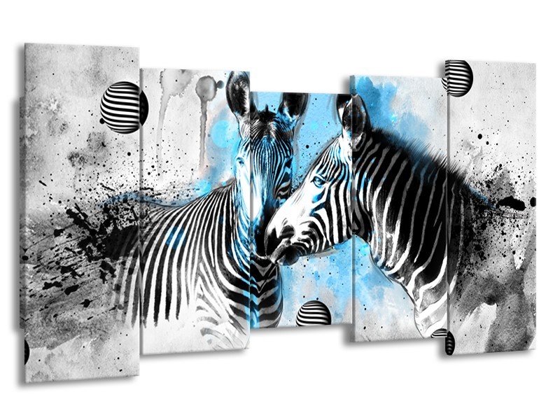 Canvas Schilderij Zebra, Dieren | Blauw, Zwart, Wit | 150x80cm 5Luik