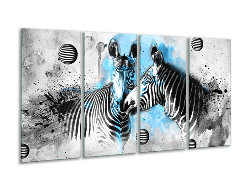 Glasschilderij Zebra, Dieren | Blauw, Zwart, Wit | 160x80cm 4Luik