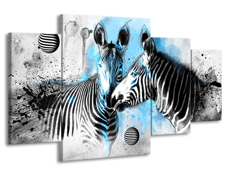 Canvas Schilderij Zebra, Dieren | Blauw, Zwart, Wit | 160x90cm 4Luik