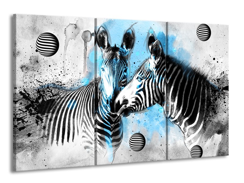 Canvas Schilderij Zebra, Dieren | Blauw, Zwart, Wit | 165x100cm 3Luik