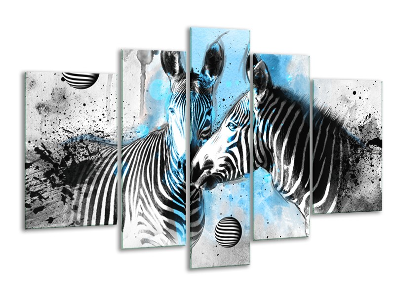 Canvas Schilderij Zebra, Dieren | Blauw, Zwart, Wit | 170x100cm 5Luik