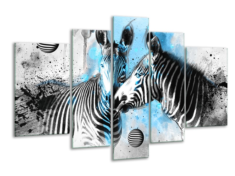 Canvas Schilderij Zebra, Dieren | Blauw, Zwart, Wit | 170x100cm 5Luik