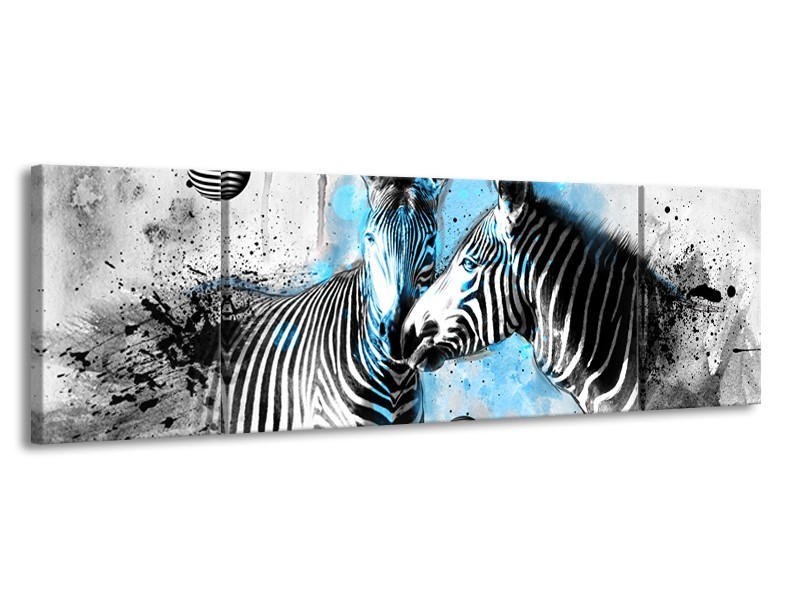 Canvas Schilderij Zebra, Dieren | Blauw, Zwart, Wit | 170x50cm 3Luik
