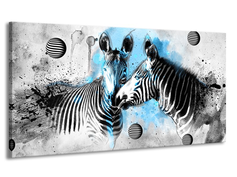 Canvas Schilderij Zebra, Dieren | Blauw, Zwart, Wit | 170x90cm 1Luik