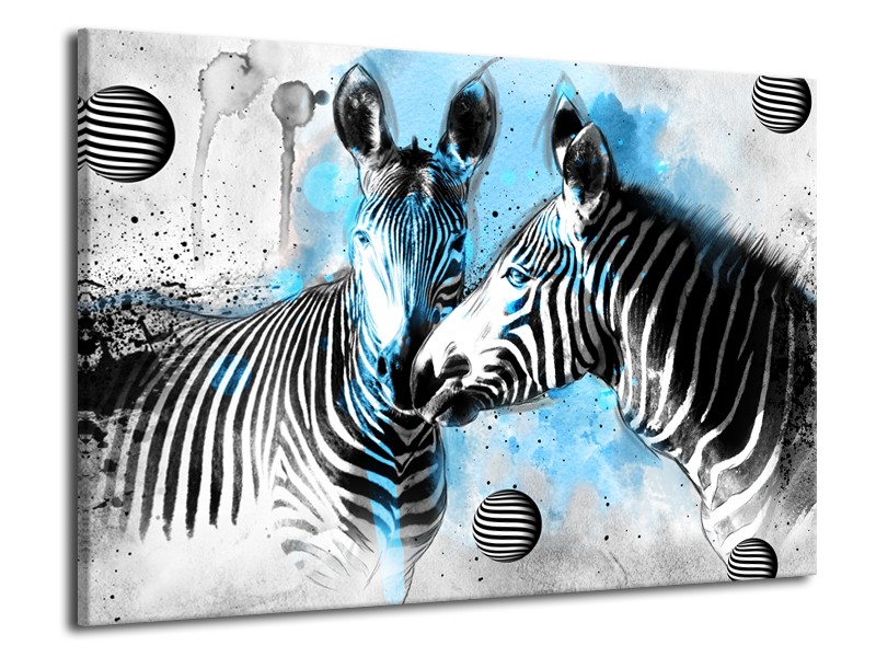 Canvas Schilderij Zebra, Dieren | Blauw, Zwart, Wit | 70x50cm 1Luik