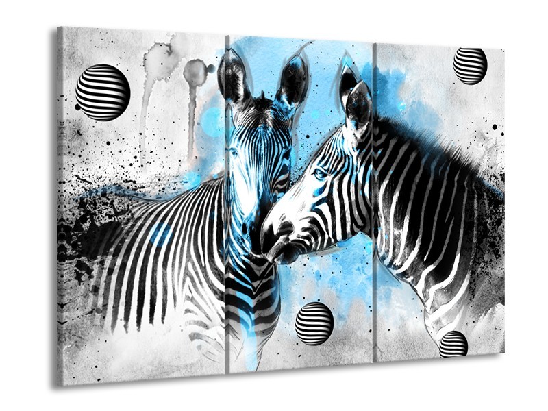 Canvas Schilderij Zebra, Dieren | Blauw, Zwart, Wit | 60x90cm 3Luik