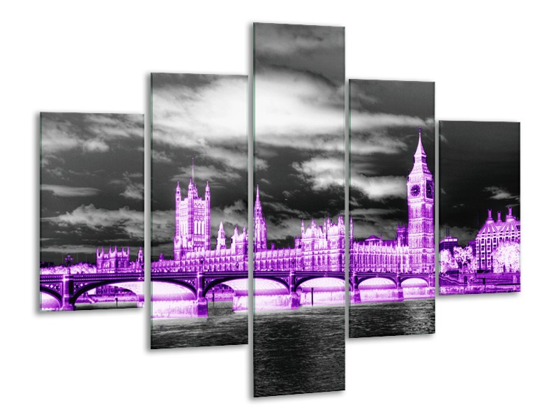 Glasschilderij Engeland, London | Paars, Zwart, Wit | 100x70cm 5Luik