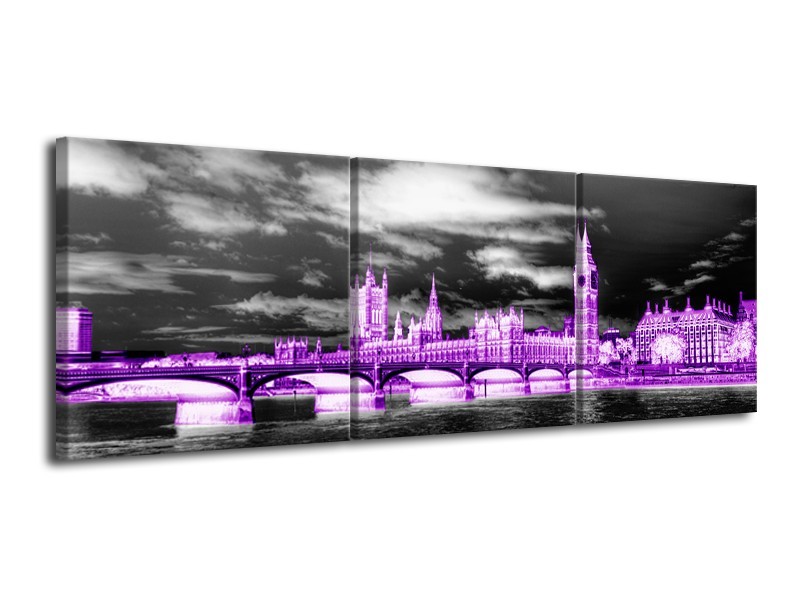 Glasschilderij Engeland, London | Paars, Zwart, Wit | 120x40cm 3Luik