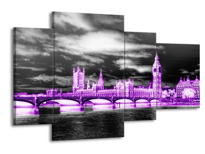 Canvas Schilderij Engeland, London | Paars, Zwart, Wit | 120x75cm 4Luik