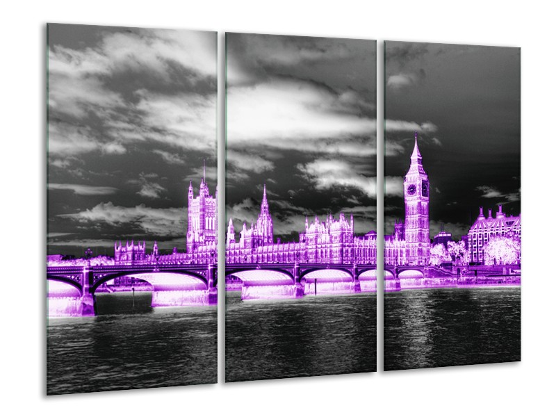 Glasschilderij Engeland, London | Paars, Zwart, Wit | 120x80cm 3Luik