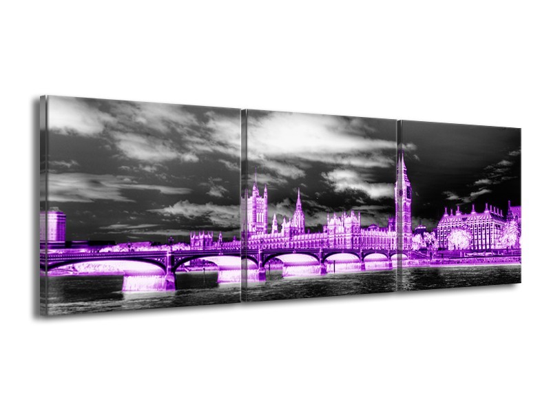 Glasschilderij Engeland, London | Paars, Zwart, Wit | 150x50cm 3Luik